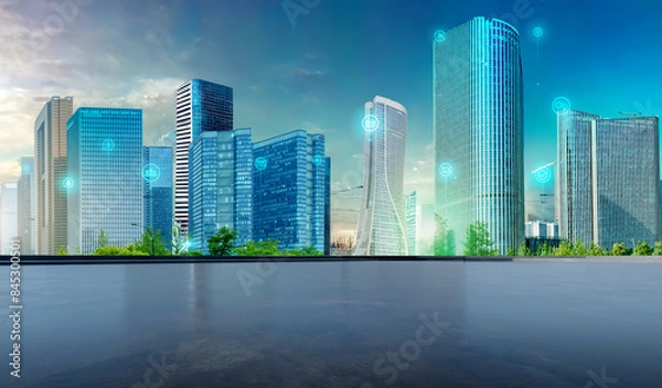 Fototapeta City with Empty space A modern city with a park and skyscrapers connected to each other by a network.