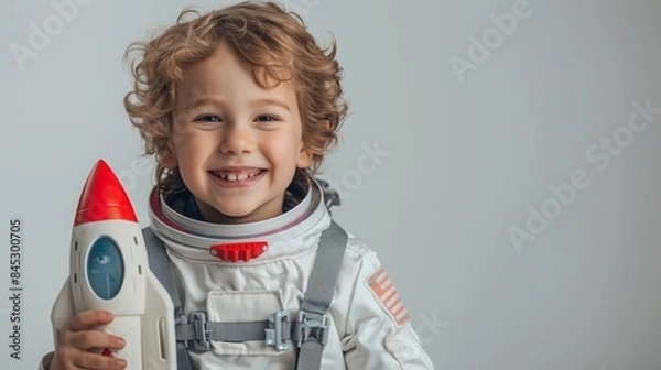 Fototapeta A little boy in a space suit smiles while holding a toy rocket