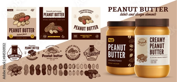 Fototapeta Vector peanut butter labels. Peanut butter branding and identity icons, badges, insignia and design elements. Realistic glass jar mockup