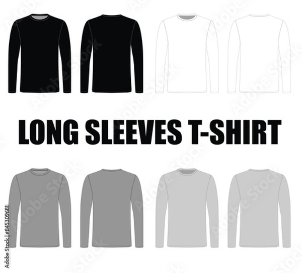 Fototapeta Active underwear round neck blank white, black grey and silver color long Sleeve t-Shirt For template on white Background. Front and Back view vector file.