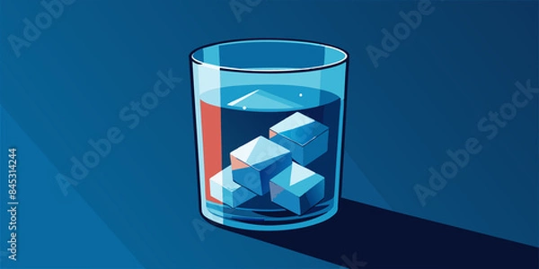 Fototapeta A minimalist illustration of a glass of water filled with ice cubes. The glass is depicted against a simple blue background, emphasizing the clarity and refreshing quality of the water and ice