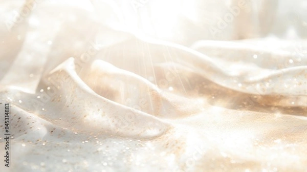 Fototapeta A close-up view of light, soft fabric with golden sparkles and gentle folds. Blurred background with sunlight and soft bokeh.