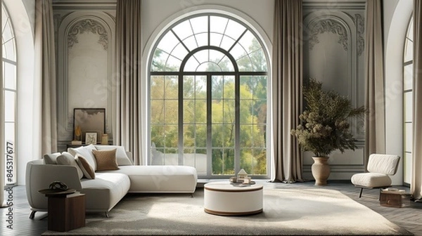 Fototapeta A bright and airy living room with a white couch, plants, and the arch window overlooking a view. 