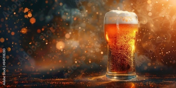 Fototapeta St. Patrick's Day, full glass of amber colored beer with foam on beautiful background, hdr colors, space for text, banner