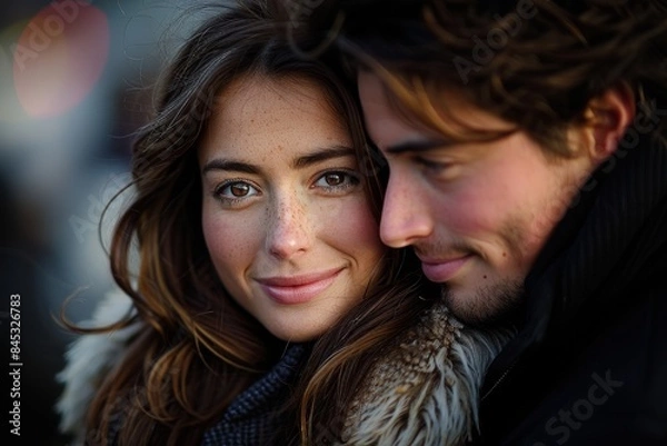 Fototapeta A loving couple is closely embracing, smiling at the camera with a blurred background