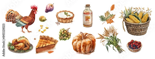 Fototapeta Different food for Thanksgiving dinner vector illustrations set. Top view of plates with different meals, baked turkey, pies, corn isolated on white background.