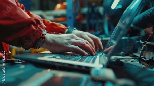 Fototapeta Mechanic diagnosing car issues with modern diagnostic tools, Adult male in blue mechanic uniform uses laptop for vehicle diagnostics, writes notes. Focus on concentration.