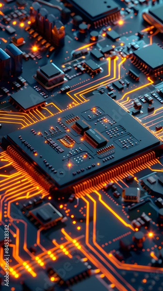 Fototapeta microchip with AI elements viewed under a digital microscope