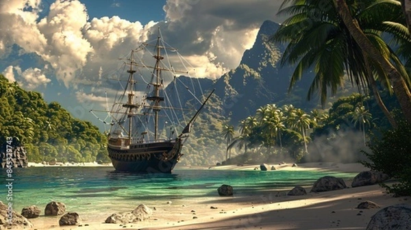 Fototapeta Historic Pirate Ship Anchored Near a Tropical Island with Lush Greenery and Rocky Shoreline, Under a Cloudy Sky