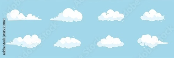 Fototapeta vibrant set of eight cartoon-style cloud illustrations on a blue background, adding a fun and whimsical element to any creative design.