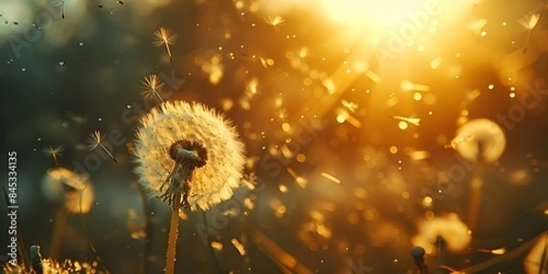 Fototapeta Blurry dandelion background with feelings of joy support and grieving. Concept Dandelion Photography, Emotions, Support, Grieving, Joyful Moments