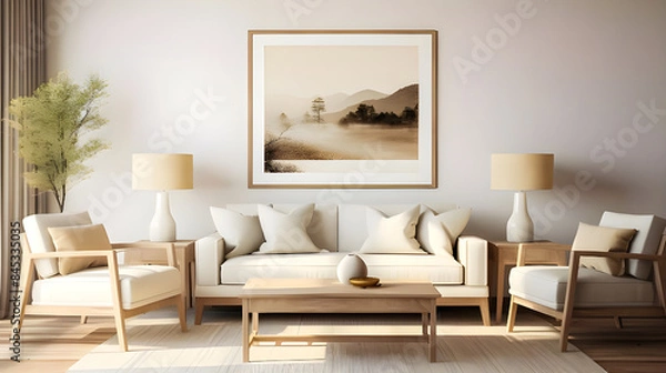Fototapeta The farmhouse interior design of a modern living room features an armchair and sofa near a beige wall with a frame.