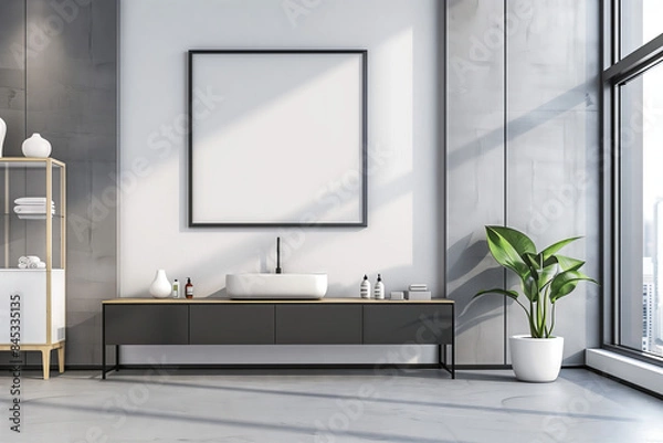Obraz Modern bathroom interior with white sink, blank vertical poster, and potted plant next to large window. Minimalist design with black countertop, decorative bottles, and towel shelf. Flat lay mockup