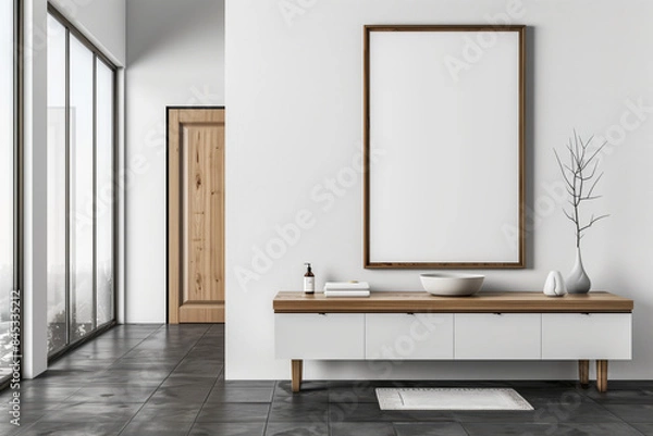 Obraz Modern bathroom interior with white sink, blank vertical poster, and minimalist decor on wooden countertop. Large window with natural light and dark tiled floor. Flat lay mockup photography