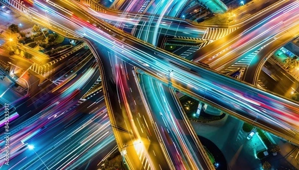 Fototapeta Aerial view of Road Traffic jam on multiple lane highway with speed light trail from car background, night scene