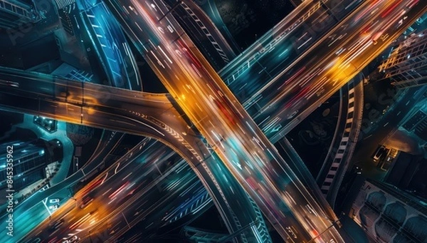 Fototapeta Aerial view of Road Traffic jam on multiple lane highway with speed light trail from car background, night scene
