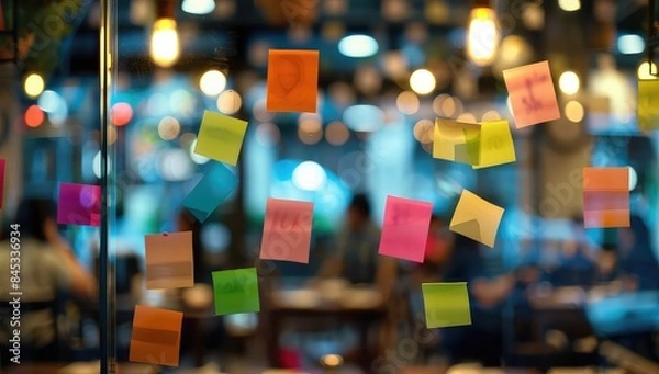 Fototapeta A glass wall is covered in sticky notes with various notes and reminders written on them.