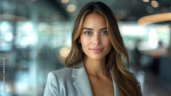 Fototapeta A woman in a blazer stands in a modern office setting, smiling softly at the camera