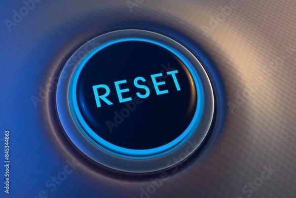 Fototapeta blue glowing reset button on metallic background, 3D rendering