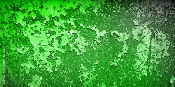 Fototapeta Close-up of a rusted metal surface with peeling paint in vibrant green hues, showcasing a textured pattern of corrosion and decay. This high-resolution image is perfect for backgrounds