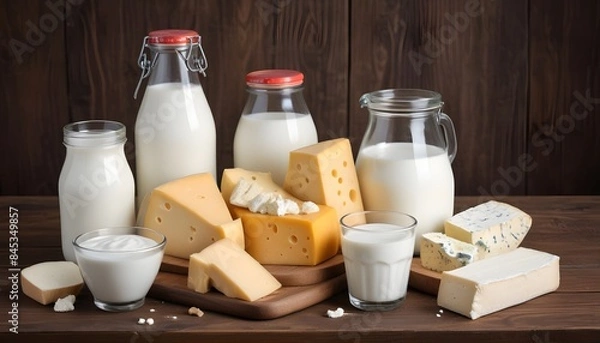 Fototapeta An assortment of dairy products including a bottle of milk, a block of cheese, a jar of yogurt, and other dairy items on a wooden surface