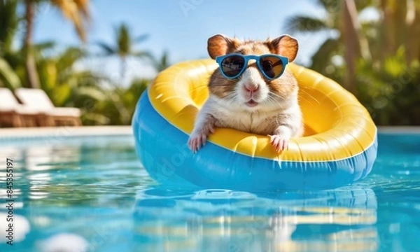 Fototapeta Summer vibes with a funny hamster on a yellow inflatable ring in a pool, wearing sunglasses . Close-up with copy space, ideal for vacation and summer holiday themes.