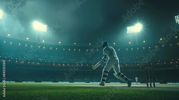Fototapeta Nighttime Cricket Match with Dramatic Lighting