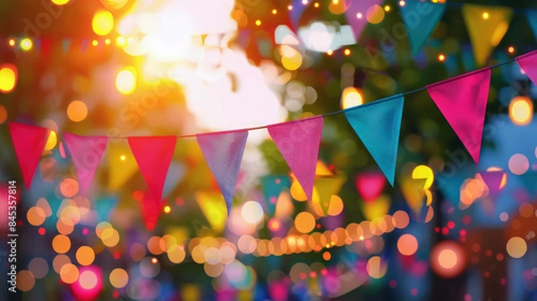 Obraz beautiful blurred background of a festive city street with colorful flags and garlands in pink and blue colors