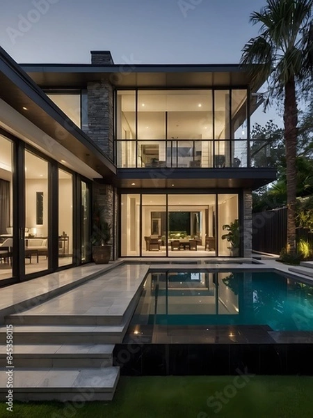 Obraz A modern villa exterior with a sleek and contemporary design with clean lines and large windows in Florida. Tropical landscaping with palm trees, colorful flowers, and lawns, 3D render