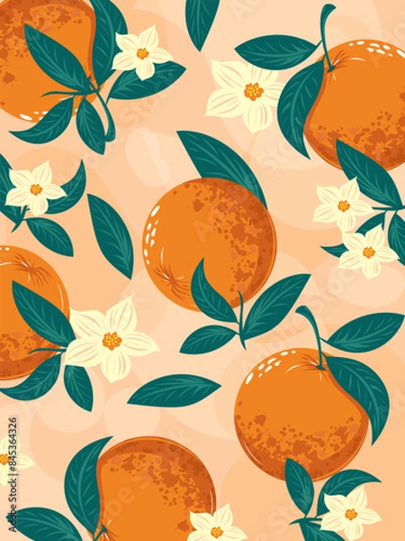 Obraz A fresh and vibrant peach-colored background featuring simple flat oranges, blooming flowers, and green leaves, perfect for a lively and natural themed cover.