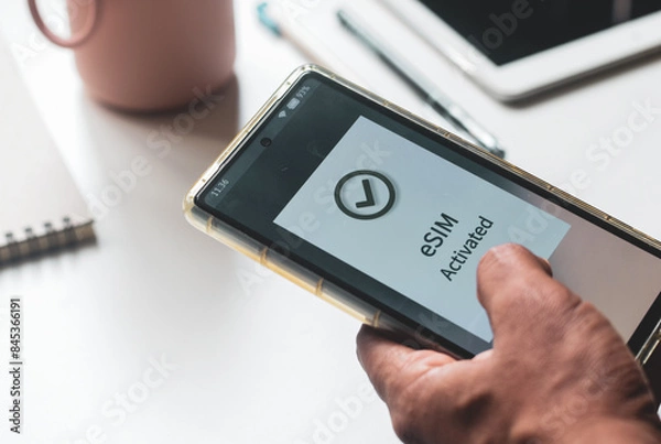 Fototapeta Advantage of eSIM connection for network services concept. A person's mobile phone displaying eSIM activated successfully.