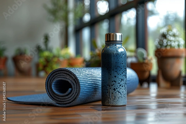 Obraz A yoga mat and water bottle on a gym floor, symbolizing fitness, health, and an active lifestyle