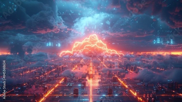Fototapeta Virtual Reality Futuristic Cloud Infrastructure in High-Tech Blue Neon Lighting Environment