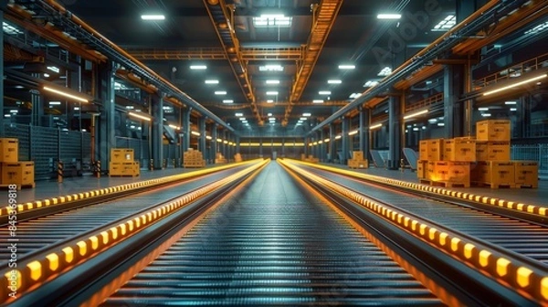 Fototapeta Futuristic Warehouse Automation: Vibrant Package Sorting on Conveyor Belts