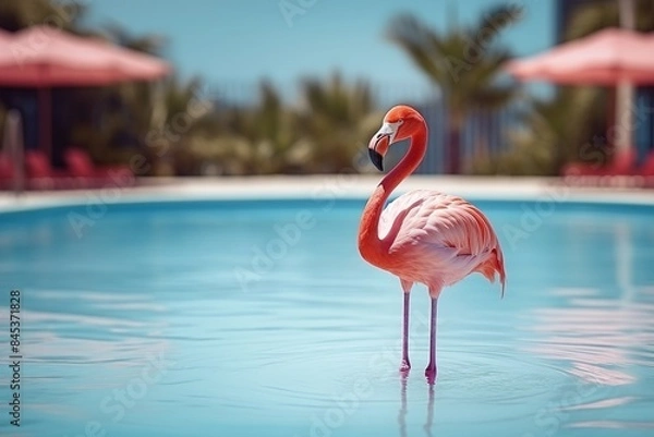 Fototapeta Close-up of a pink flamingo in the pool, against a background of pink umbrellas and palm trees. The concept of a vacation on paradise islands. space for text.