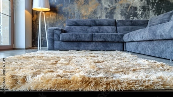 Fototapeta Modern living room interior with beige carpet and grey sofa, closeup.