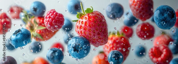 Fototapeta Different types of berries dropping into the water