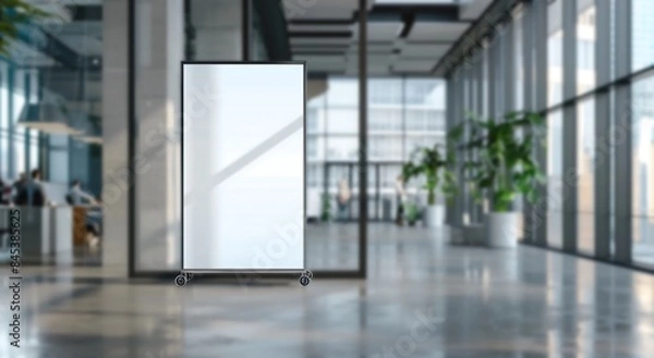 Fototapeta Innovative Product Showcase: Modern White Ad Board Mockup in Office Setting.White ad board mock up for product advertisement in office building.