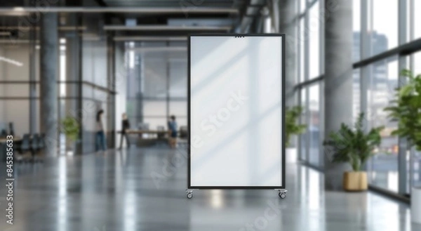 Fototapeta Innovative Product Showcase: Modern White Ad Board Mockup in Office Setting.White ad board mock up for product advertisement in office building.