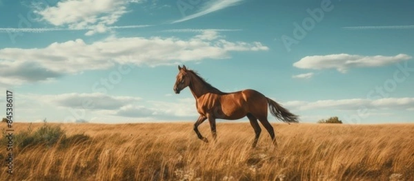 Fototapeta red horse walking in the field. Creative banner. Copyspace image