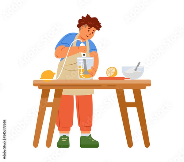 Fototapeta Boy in apron making a lemon filling using blender flat vector illustration isolated on white. Kid cooking.