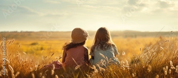 Fototapeta Two Young Girls in the autumn Field. Creative banner. Copyspace image