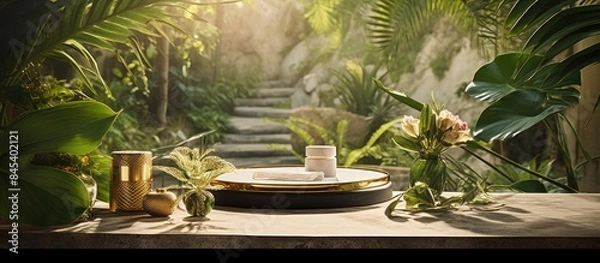 Fototapeta Jungle table background Interior table for a cosmetic item against the backdrop of tropical plants palms and jungle. Creative banner. Copyspace image
