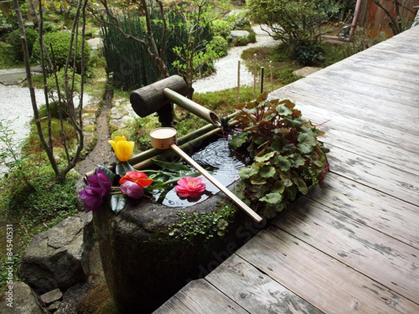 Fototapeta 仏花の浮かんだ手水鉢