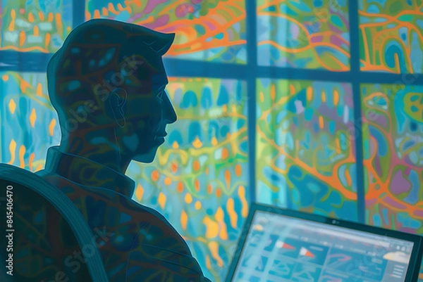 Obraz A silhouette of a hacker behind a computer, representing cybersecurity threats and digital protection in a modern and high-tech context