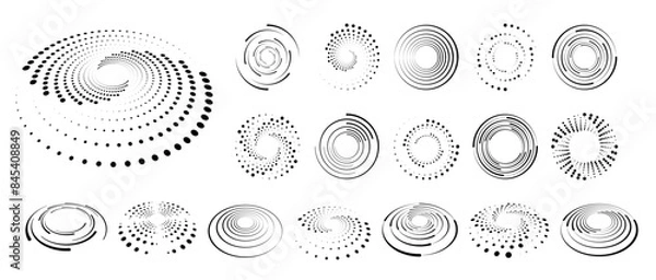 Fototapeta Abstract circle with lines as a spiral or propeller. Circle dotted speed lines. Abstract round halftone circle frames, rotating dotted circle shapes. Halftone circular dotted frames set.	