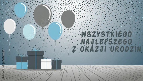 Fototapeta karta lub baner z życzeniami wszystkiego najlepszego w kolorze szarym reprezentowanym przez prezenty oraz białe, szare i niebieskie balony na gradientowym szarym tle z ciemnoszarymi kółkami