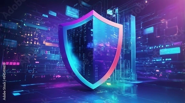 Obraz Secure internet connection, cybersecurity concept digital design, unique illustration related to technology, cyberspace and computer in purple & 
 blue theme