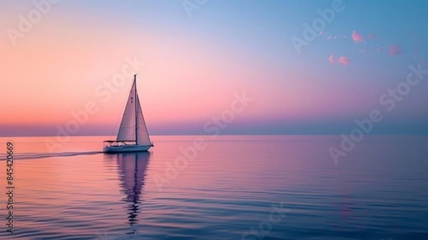 Fototapeta A sailboat sails on a calm sea with a pink and purple sunset in the background.