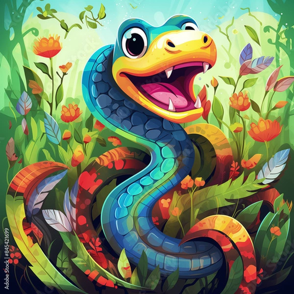 Fototapeta Vibrant snake with a cheerful expression in a colorful garden. Children's book illustration, cartoon style, bright and lively.